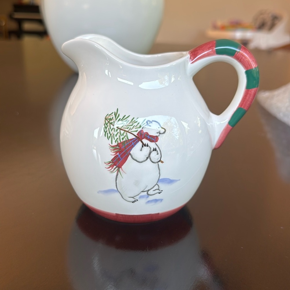Pfaltzgraff Snow Bear Christmas creamer pitcher white with red and green scarf